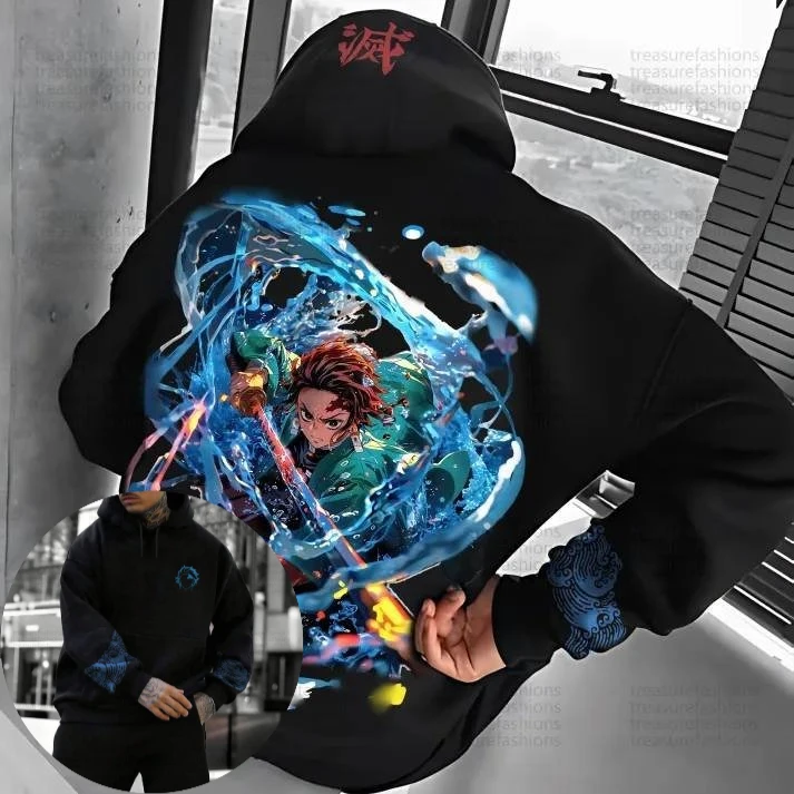 بانداي 2026 جديد شيطان القاتل الفحم لانج المياه التنفس أنيمي مطبوعة كبيرة الحجم الرجال معطف بقلنسوة في الهواء الطلق بلوزة فضفاضة غير رسمية #1