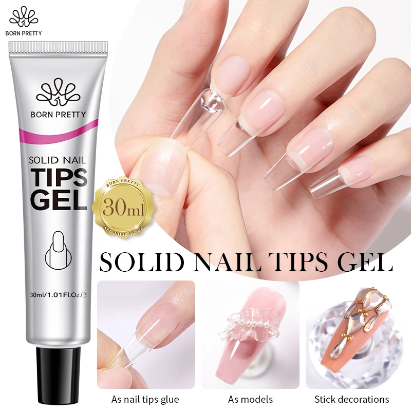 BORN PRETTY Solid Nail Tips Gel 30ml Gel Polish for Press On Nails Upgrade 3 in 1 Nail Gel for Fake Nails Long Lasting Manicure