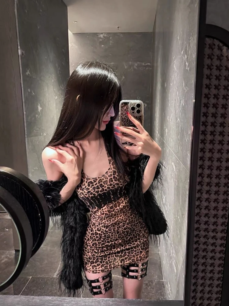Y2K Vintage Leopardenmuster Camisole Tank Top Bodycon Hot Girl American Retro Langes Camisole Top Streetwear Frühling Sommer
