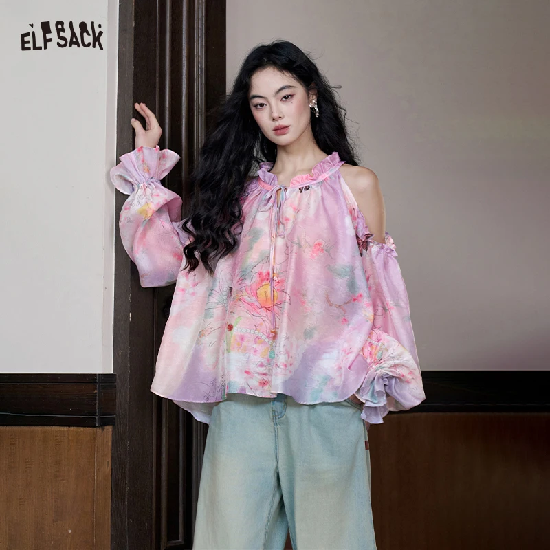 ELFSACK Chinese Style Purple Butterfly Blouse, Off-Shoulder Ruffle Chiffon Top, Romantic Oriental Fairy Sleeve