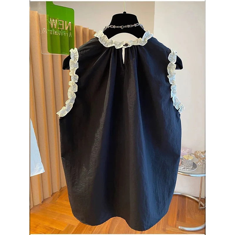 Chemises coréennes sans manches à volants pour femmes, Patchwork coréen, col rond, chemisier sans manches, ample et plissé, haut en Jacquard, nouvelle collection été 2025