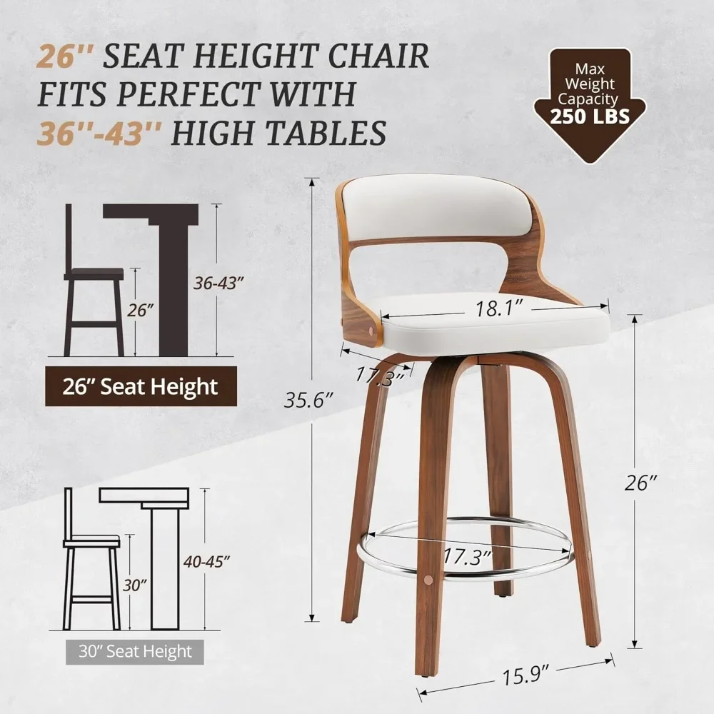 26" Counter Height Bar Stools, Mid Century Bar Stools with Solid Back, Barstools with Walnut Finish and Faux Leather Seat