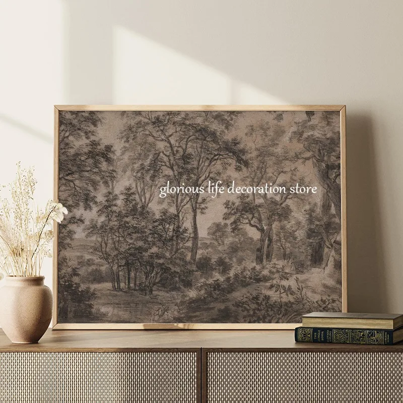 Antique Moody Woodland Landscape Vintage Poster Brown Dark Forest Tree Canvas Printing Wall Art Picture Farmhouse Home Decor