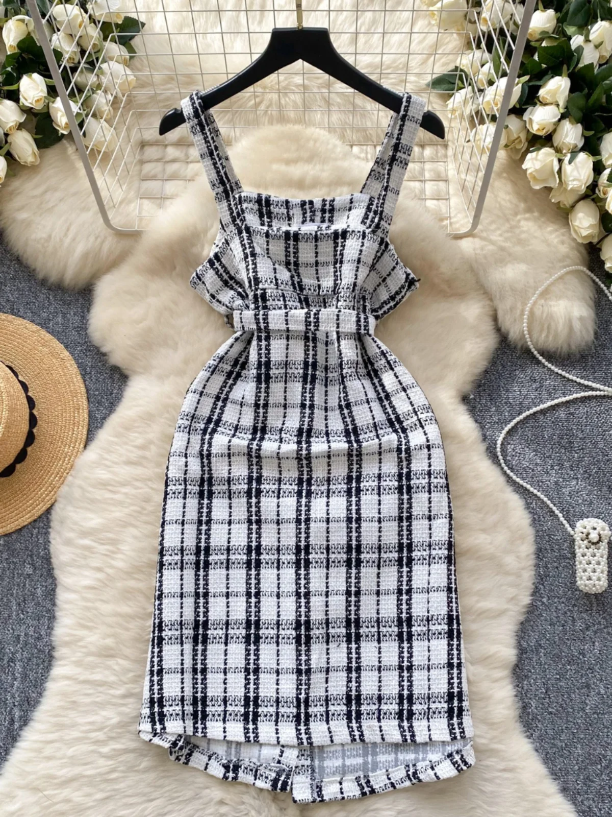 E Vestido Cruzado a Cuadros para Mujer, Corte Entallado, Falda en Línea A, Manga Larga, Estilo Casual, Fibra de Poliés...