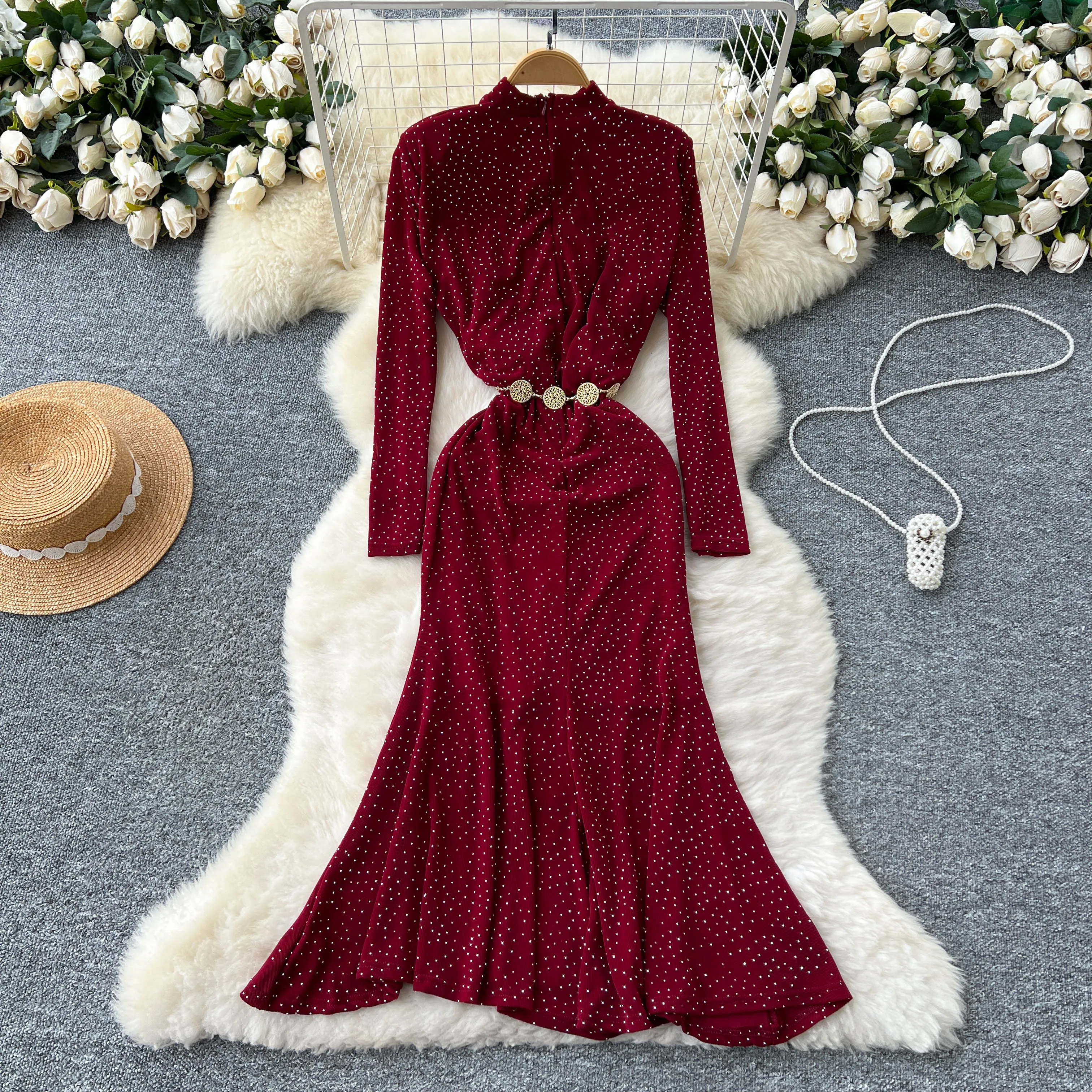 

Chic Elegant chain long sleeve Korean Fashion Fairy Sexy High Waist Vestidos Summer Vacation dresses