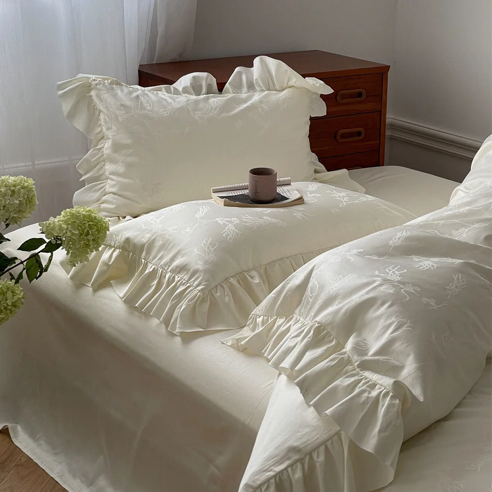 Cotton 50 Thread Count Double Stranded Australian Cotton Jacquard Four Piece Set with Simple Ruffle Edge