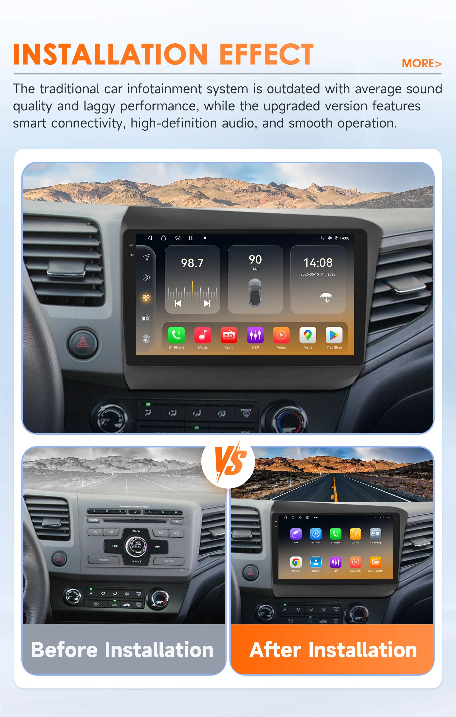 OSSURET Car Intelligent Screen for Honda Civic 2012-2015 GPS DSP Carplay Android Auto 4G WIFI 9inch 6115 Multimedia Video Player
