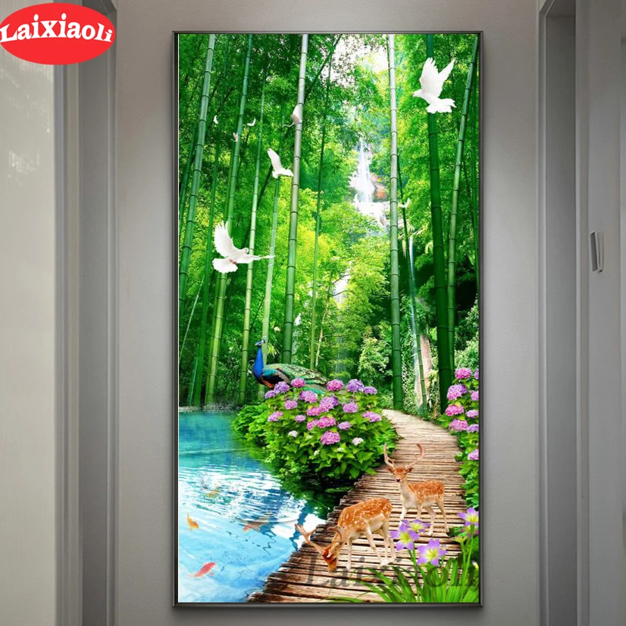 

Diy diamond painting Green bamboo forest scenery picture rhinestones embroidery birds diamond mosaic corridor aisle large decor