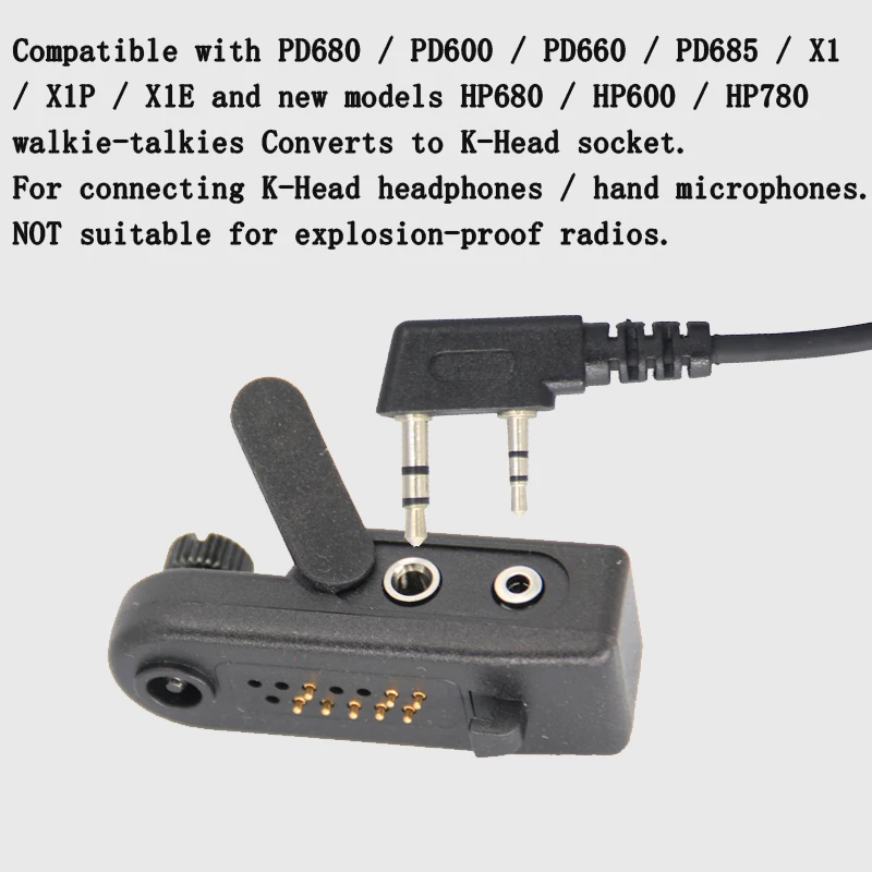 

Adapter For Hytera PD680/PD600/X1/New HP780/HP680 radios Converts to K-type 2pin headphones ,hand mics, tactical PTT headsets