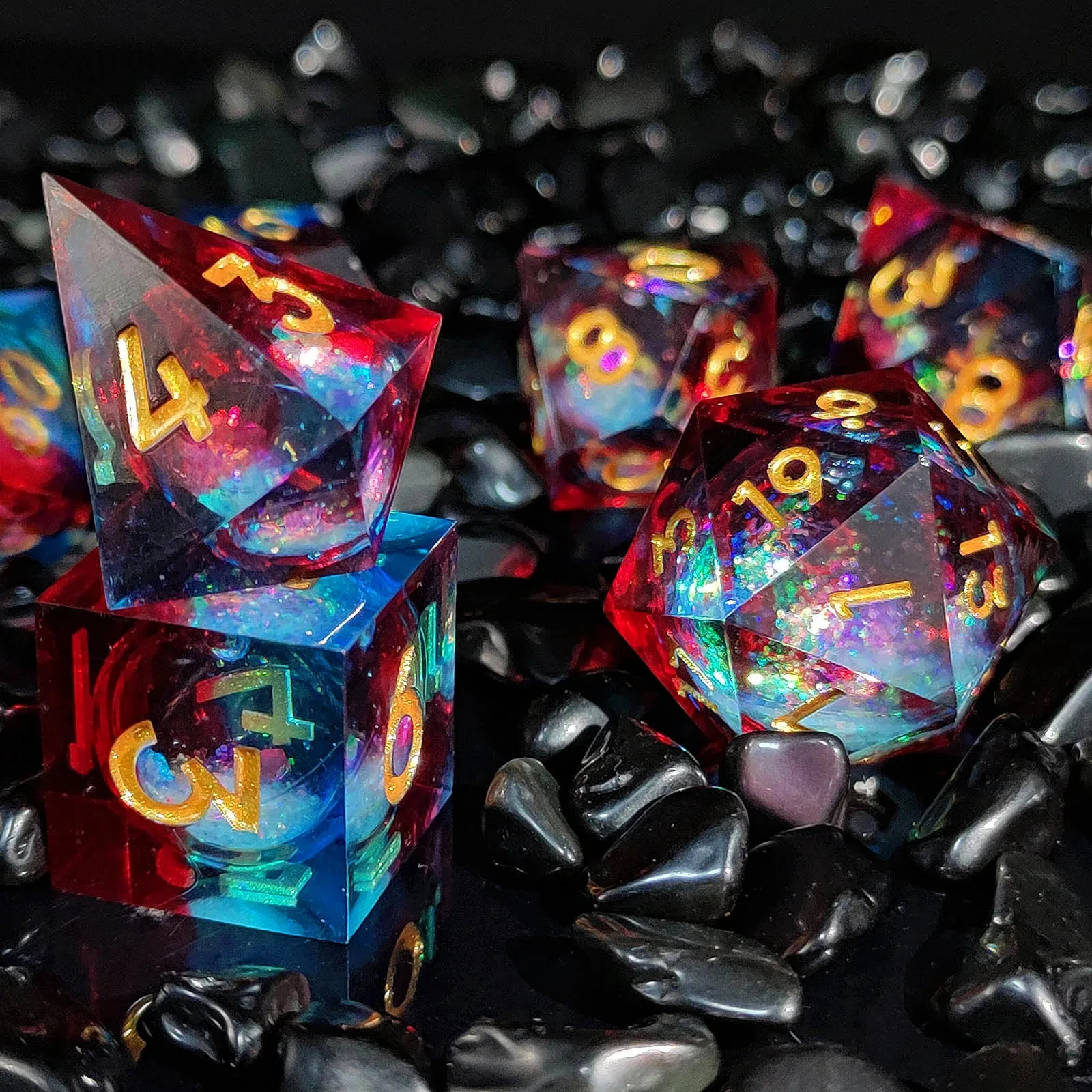 7pcs Colorful Golden Quick Sand Resin DND Sharp Edge Dice Set for Dungeon and Dragon RPG Board Game Role-playing D&D Dice D4~D20