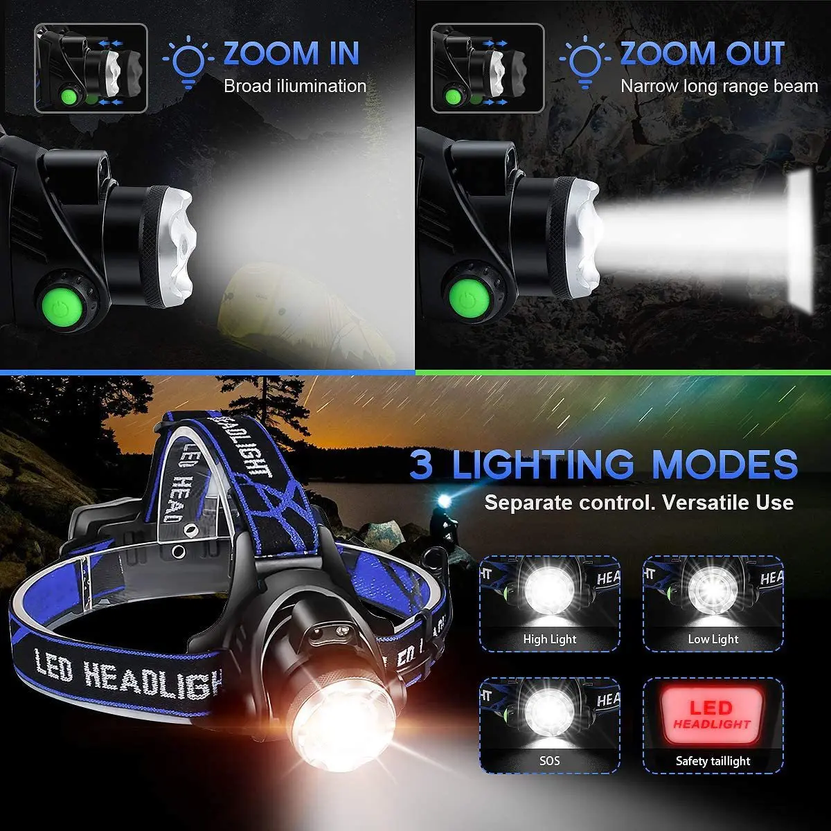 كشافات LED قوية قابلة لإعادة الشحن المصابيح الأمامية عالية الطاقة رئيس مصباح أضواء طويلة المدى في الهواء الطلق مقاوم للماء الصيد رئيس الشعلة