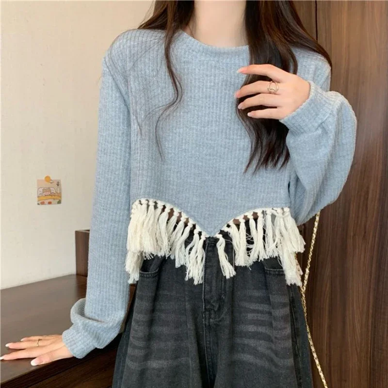 

Pullovers Women Knitting Tassel Creativity Casual O-Neck Slim Fit Office Ladies Spring Korean Style Simple All-match Chic Solid