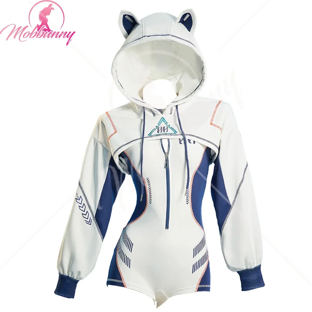 

Mobbunny Women Anime Derivative Cosplay Costume Tight Sportswear Cyberpunk Style White Bodysuit with High Cutout Hoodie
