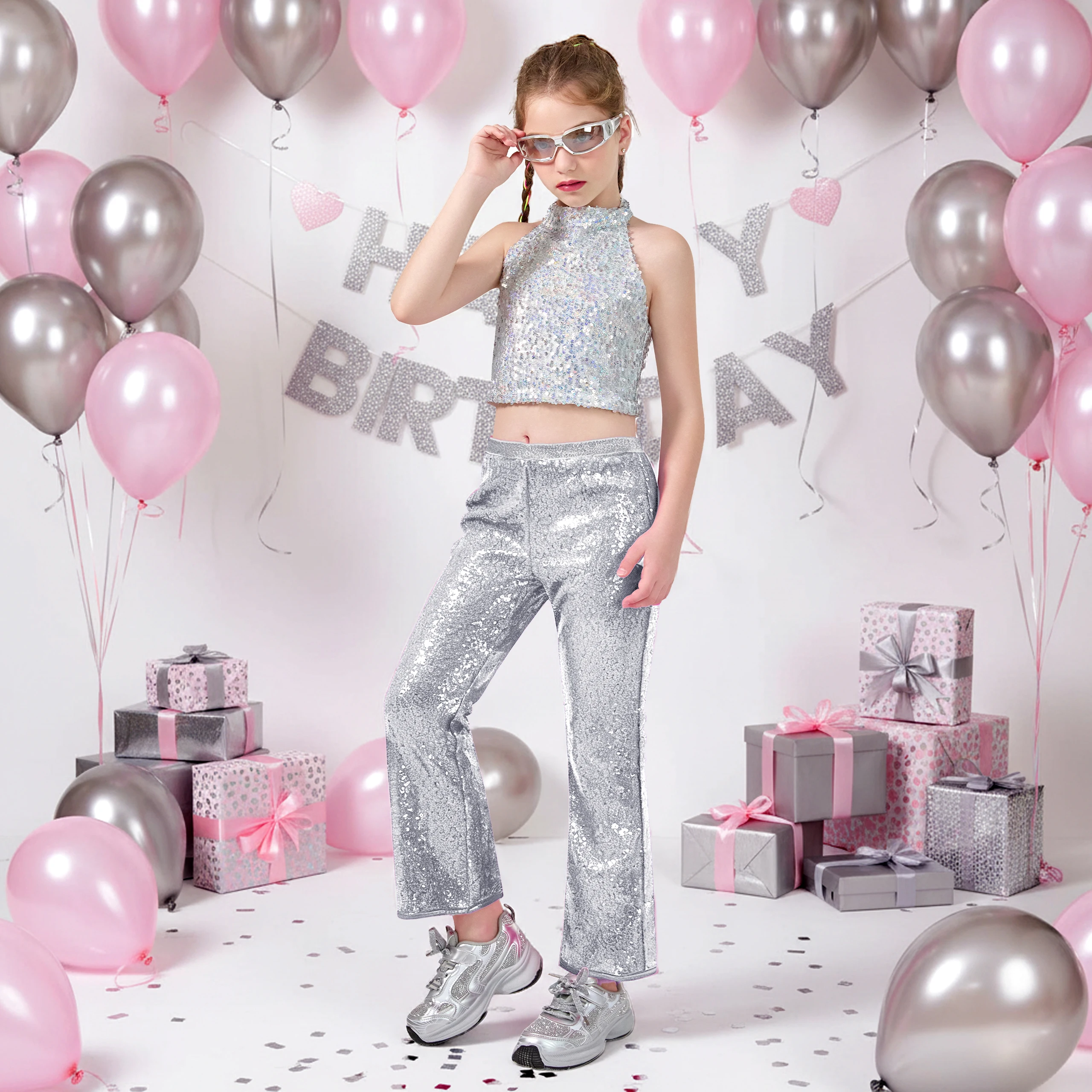 LOlanta Girls Sequin Flare Pants Sparkle Bell Bottoms Kids Elastic Waist Glitter Dance Trousers 6-12Years