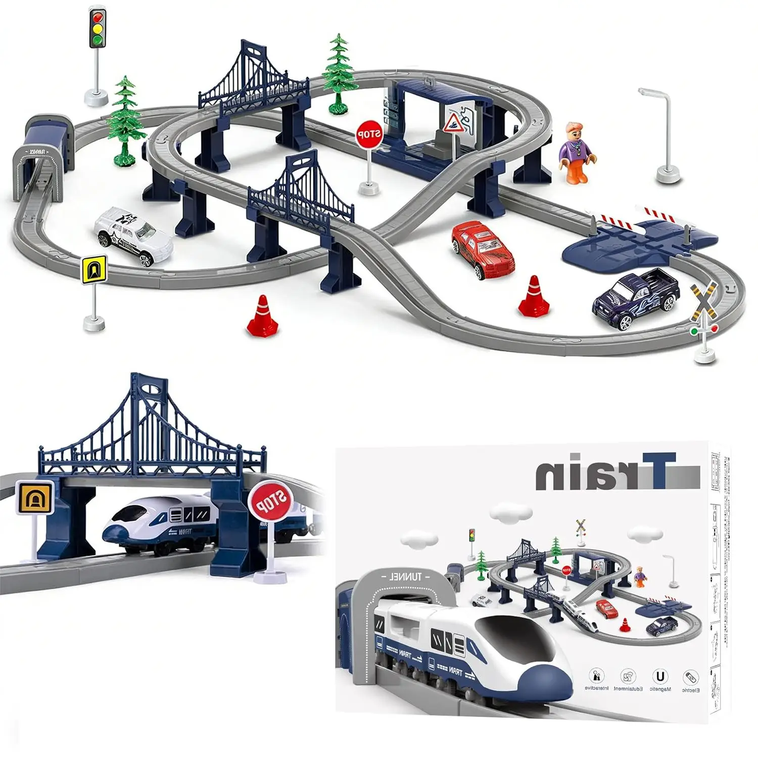 Kit de jouets interactifs pour circuit de piste comprenant 104 pièces, crée des scènes de jeu réalistes, jouet éducatif et choix de cadeau idéal