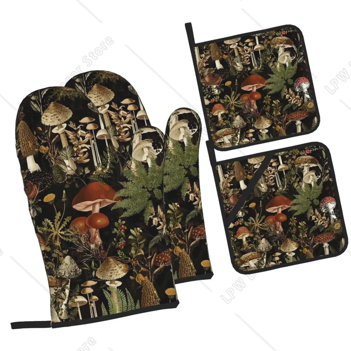 Midnight Mushrooms Forest Botanical Night Garden Oven Mitts and Pot Holder Sets of 4 for Baking Kitchen Cooking BBQ Gloves