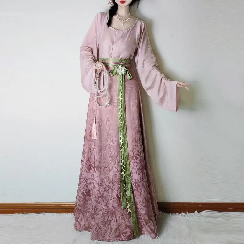 

‌ Оригинальный комплект Tang Hanfu - женская хлопковая рубашка с круглым воротником + жаккардовая юбка с восемью панелями, женская одежда в древнем китайском стиле