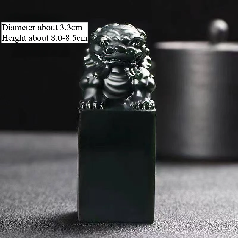 

Little Fairy/Hand-carved/ Natural Hetian Cyan Jade Antique Auspicious Cloud Lion Seal Can Customized with Signature Upon Request