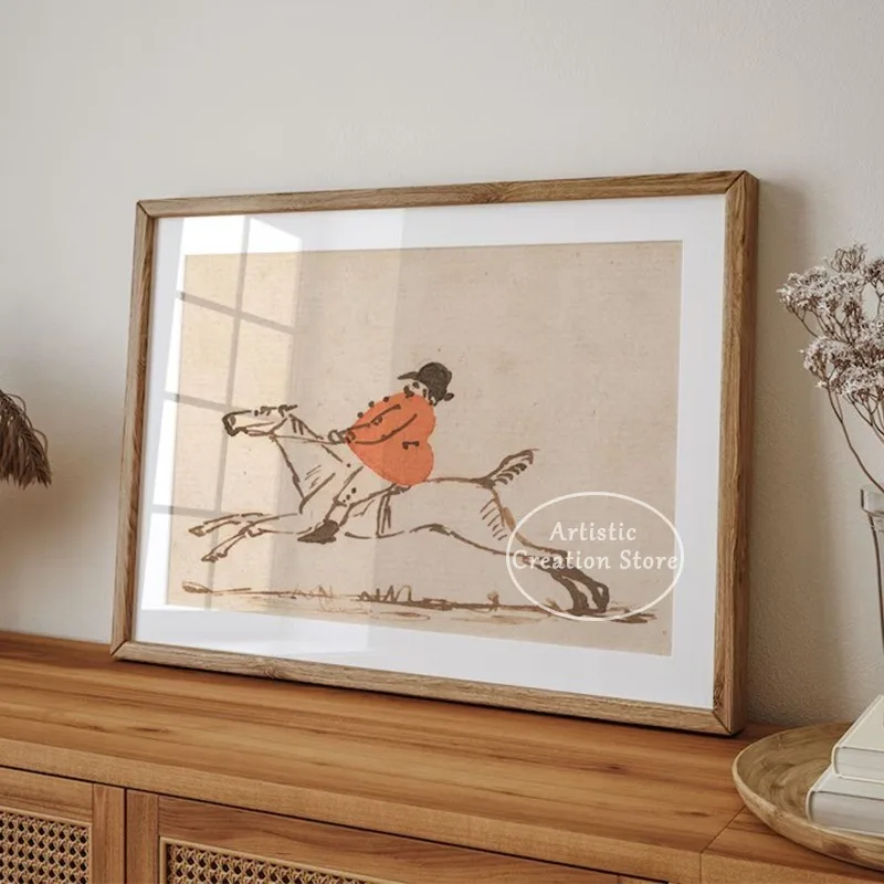 Vintage Huntsman on A Galloping Horse Riding Equestrian Illustration Poster Canvas Painting Wall Art Pictures Home Decor