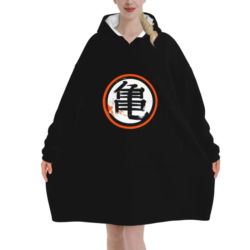 DBZ Kanji Print Blanket Hoodie Women Wearable Oversized Pullover Fleece Cozy Warm Sherpa Hooded Blankets