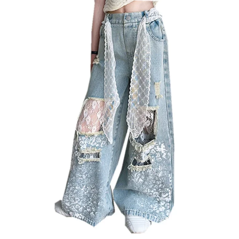 

Fashion Hip Hop Ripped Jeans Trousers with Holes Kids Stylish Streetwear y2k Jeans For Girl Lace Drawstring Denim Pants Child