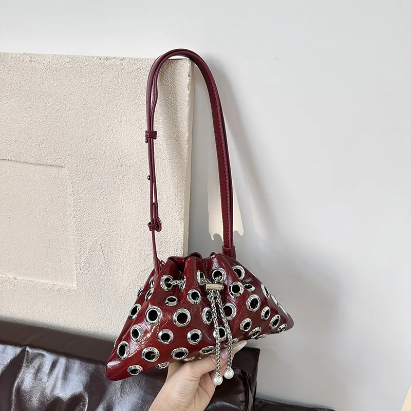 

Hollow Metal Studded Crossbody Shoulder Bag,Drawstring Rivet Women Sling Bag,Punk Edgy Rebel Chic Ox Horn Style Everyday Handbag