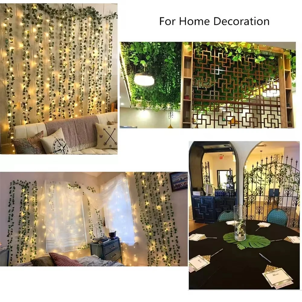 Guirnalda de luces para decoración del hogar, guirnalda de luces con batería para árbol de Navidad, vid Artificial, hojas verdes y flores