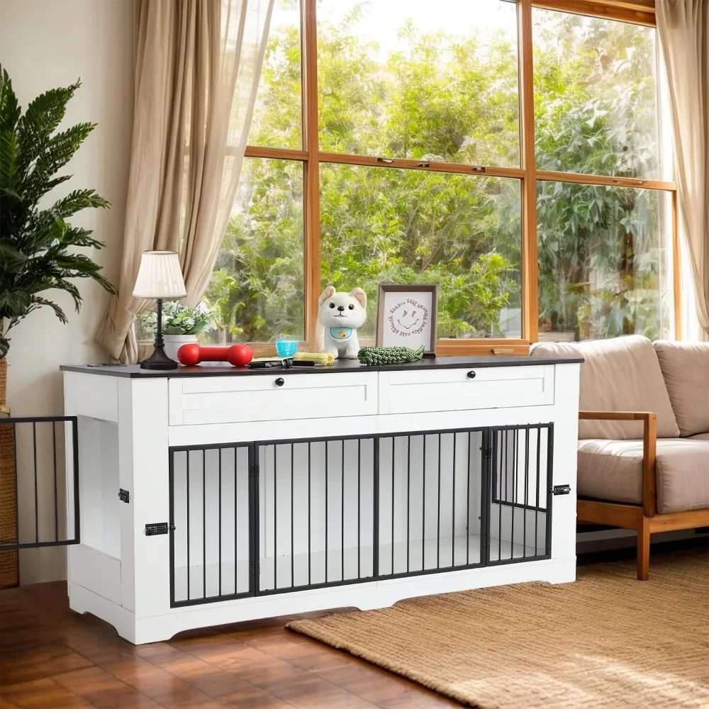 أثاث كبير على شكل قفص للكلاب - قفص كلب عالي التحمل للديكور في الأماكن المغلقة، طاولة نهاية قفص الكلاب الخشبي مع محطة شحن #6