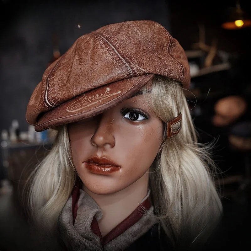 

Leather octagon woman Beret Vintage men's newsboy hat Mailman peaked cap Painter