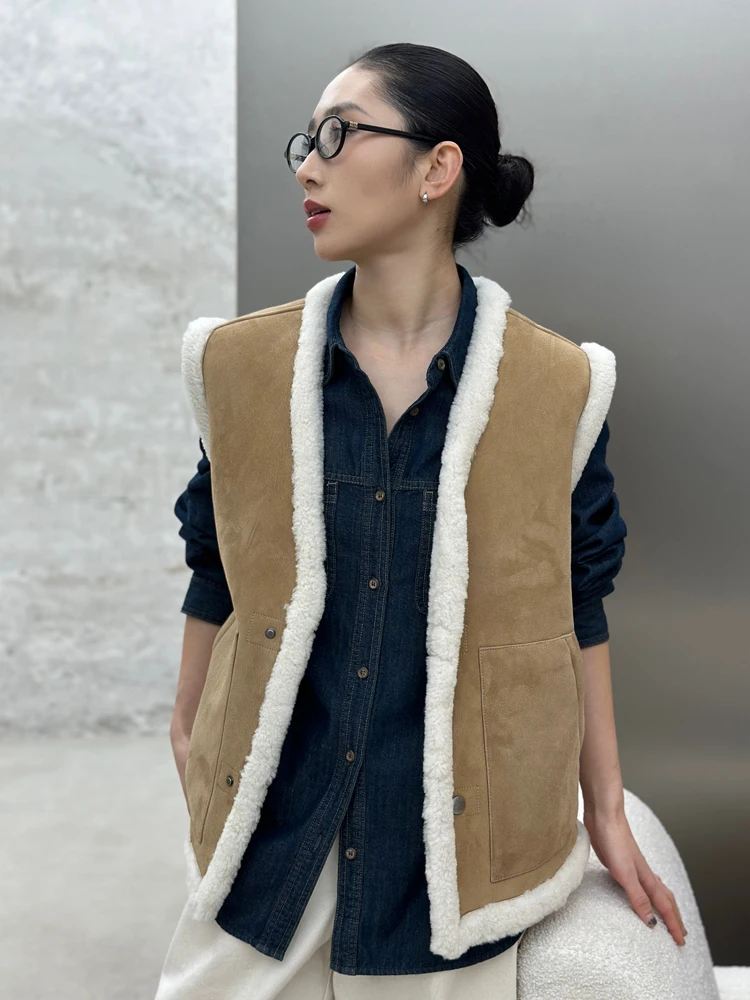 

Bodhl Faionable Leather And Fur Vest Women's V-Ne Layering Outerwear Vintage Sle Long Sve Streetwear Winter Coat