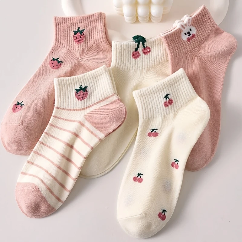Random Color Women's Socks 2-Double Pack, Features Cute Pink Cherries, Strawberry and Rabbit Pattern, Comfortable and Breathable