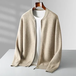 Autumn Winter 100% Merino Wool Thickened Sweater Men's Knitted Stand up Collar Cardigan Casual Business Long Sleeved Coat Jacket