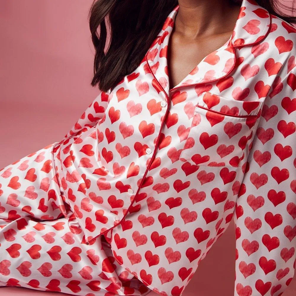 2024 spring new cross-border European and American women's clothing sweet love printing casual suit pajamas