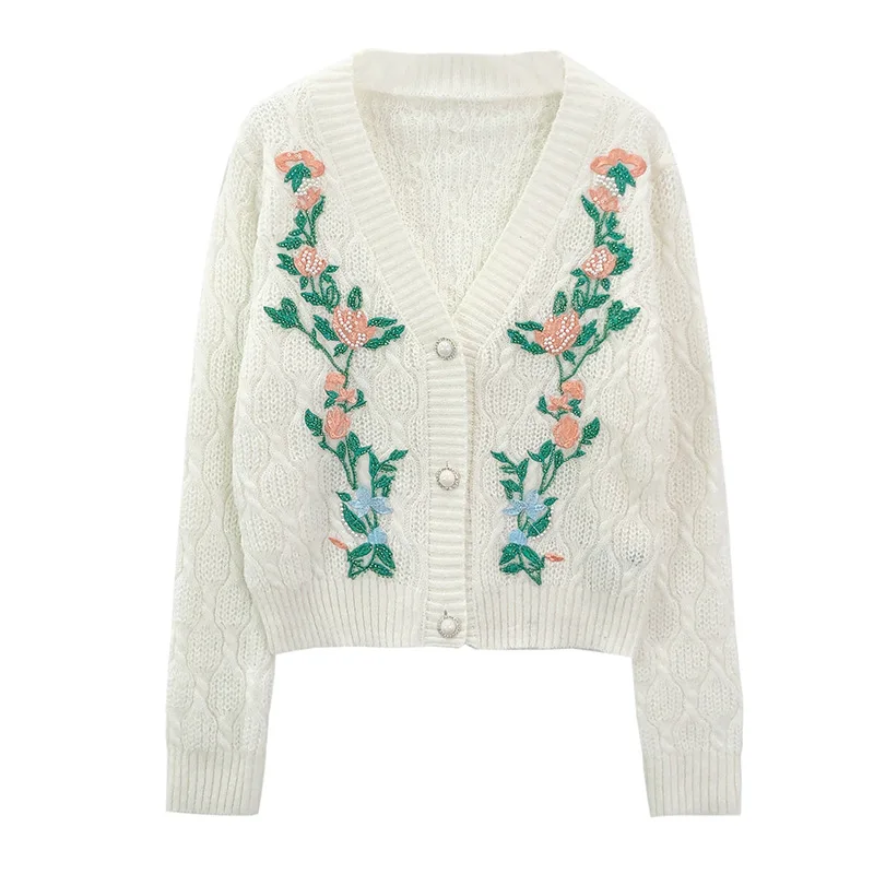 2026 프렌치 빈티지 헤비 워크 작은 꽃무늬 자수 브이넥 홀로우 아웃 샤이니 실크 가을 루즈 니트 가디건 코트 여성용