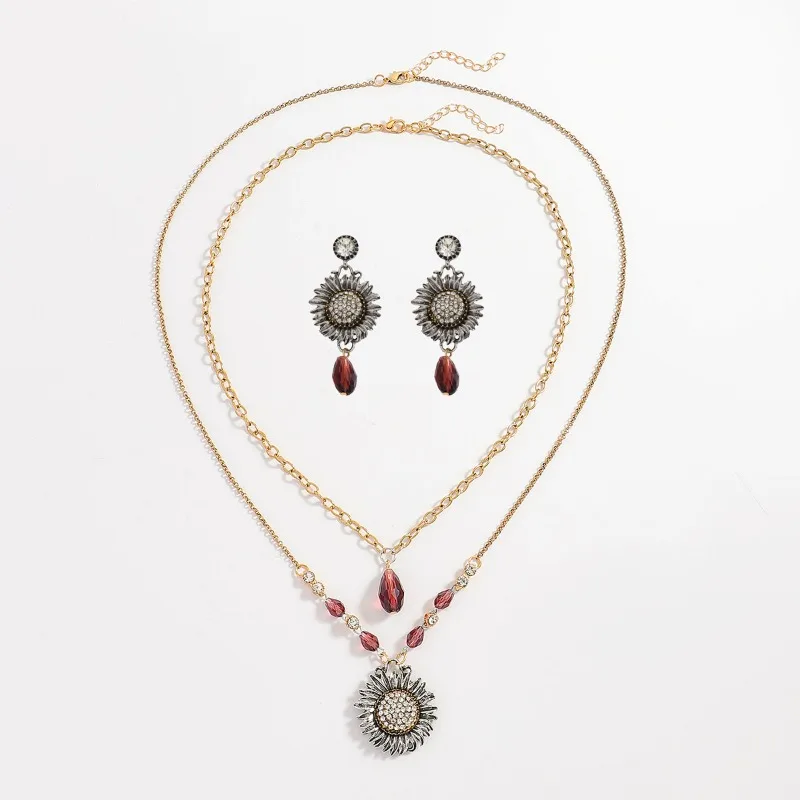 

Sunflower necklace, earring set, temperament, women's fashion, bohemian retro sweater chain