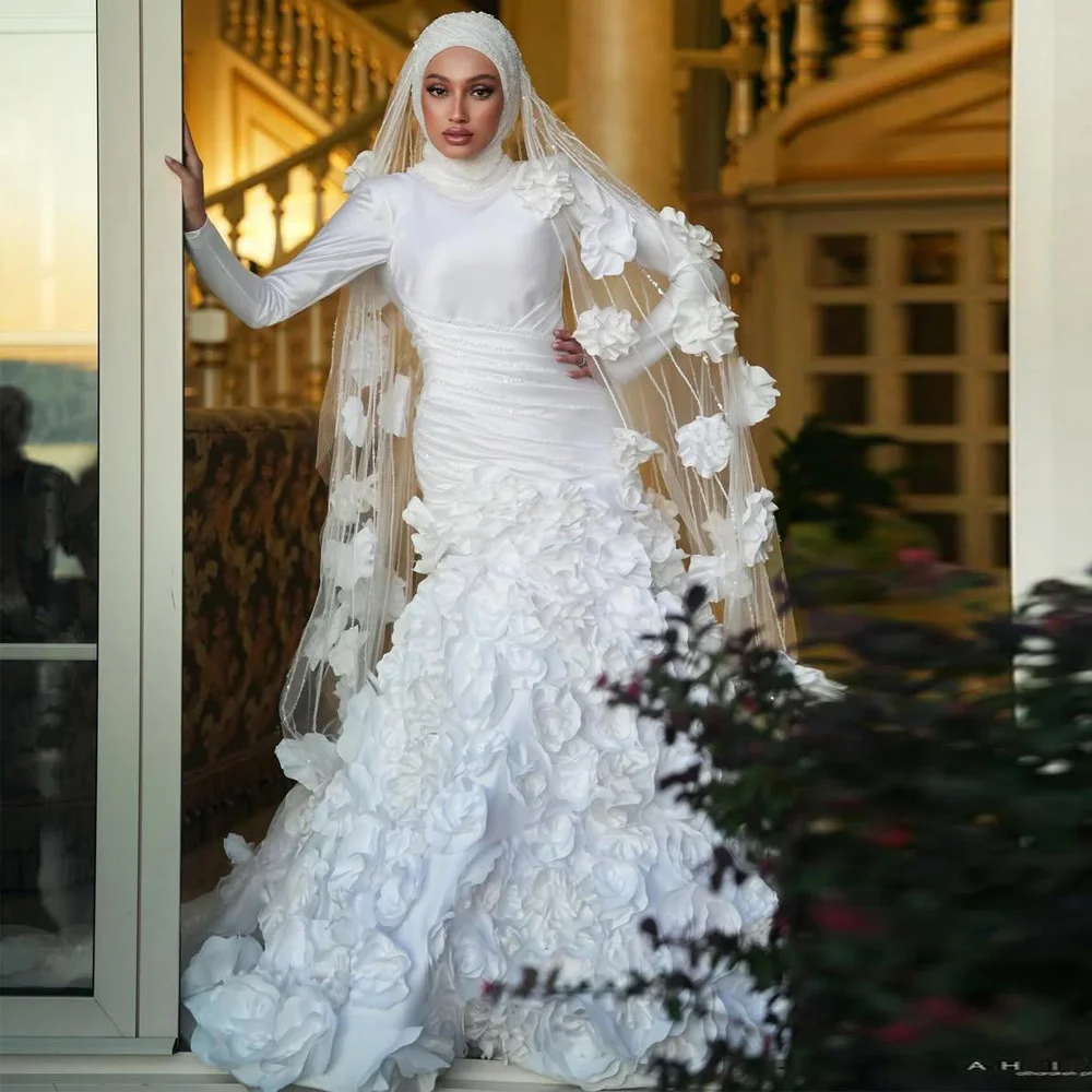 

Свадебное платье с индивидуальным дизайном, украшенное 3D-цветами, с высоким воротником и длинными рукавами, мусульманское свадебное платье из сатина, исламское свадебное платье (хиджаб).