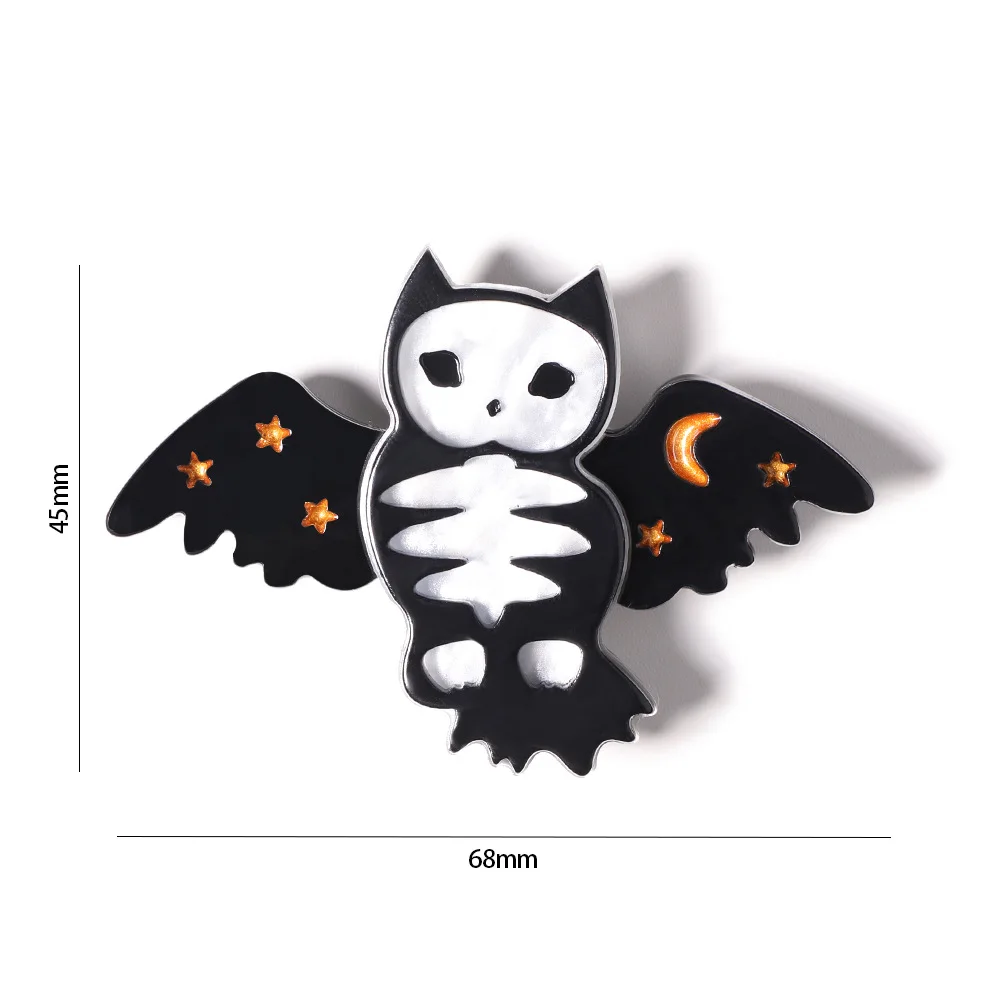 Dark Skeleton Owl Brooch Acrylic Animal Halloween Owl Pins Star Moon Wings Gothic Style Personalized Bags Clothes Pin Accessory