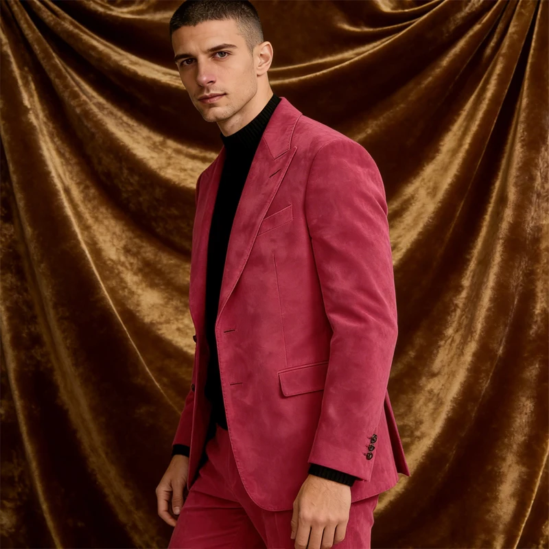Men's Luxury Suede Tuxedo Suits with Multiple Pockets Slim Fit Blazer+Pants Peak Lapel 2 Pieces Set Macaron Jacket Trousers