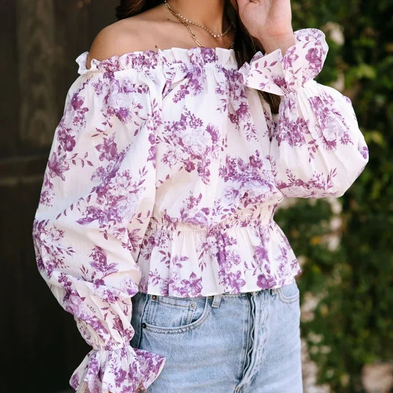 Autumn New Sweet Floral Print Blouse Slash Neck Off Shoulder Shirt Women Long Sleeve Tops Casaul Loose Clothes Blusas 29596