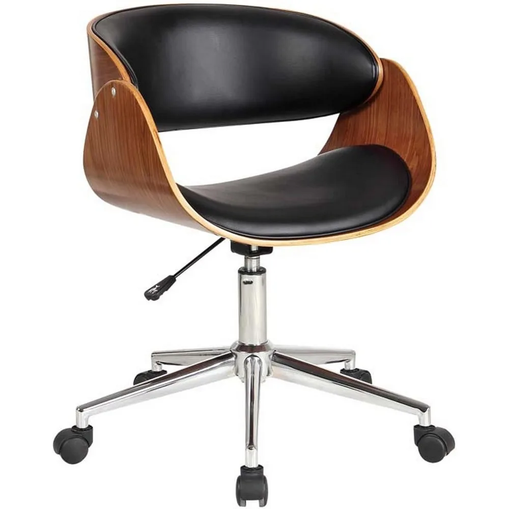 Benjara Joan 23 Inch Office Chair, 360 Swivel, Black Faux Leather and Brown Frame