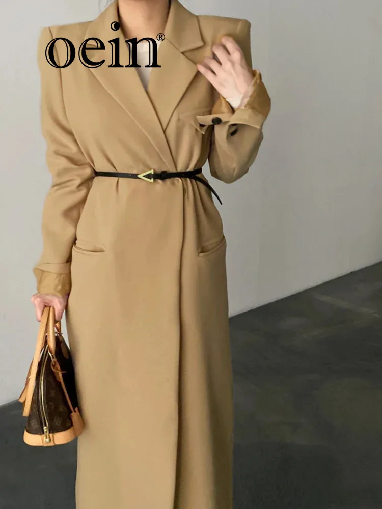 

[oein] Korean Version Mid Length Over The Knee Trench Coat, Women's Suit Coat, Jacket With Belt