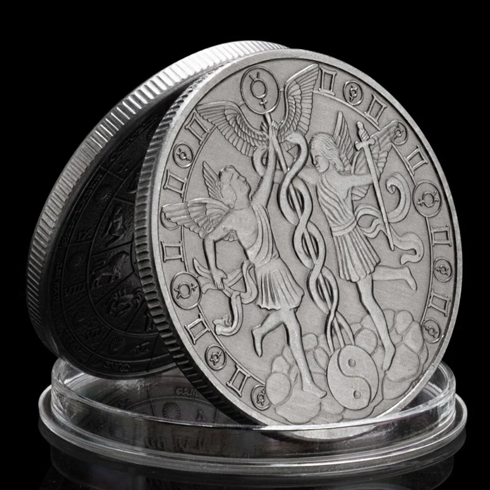 Ancient Silver 12 Signs of The Zodiac Commemorative Coins Lucky Collectible Coins Gemini Medallion Home Decoration view 3