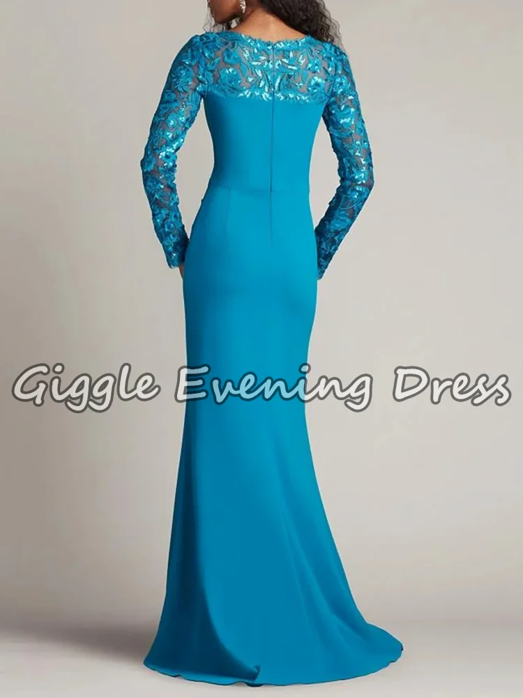 Giggle Elegantes Damen-Abendkleid im Meerjungfrau-Stil, U-Ausschnitt, volle Ärmel, Spitze, Falten, blaues Kleid für die Brautmutter, individuell gestaltet