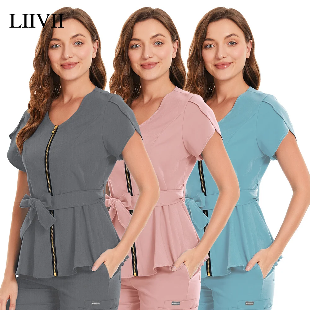 

Short Sleeve Beauty Salon Workwear Temperament Women's Top Nursing Blouse Sexy Zip Scrub Tops Nursing Uniform T-shirt 2 Pockets