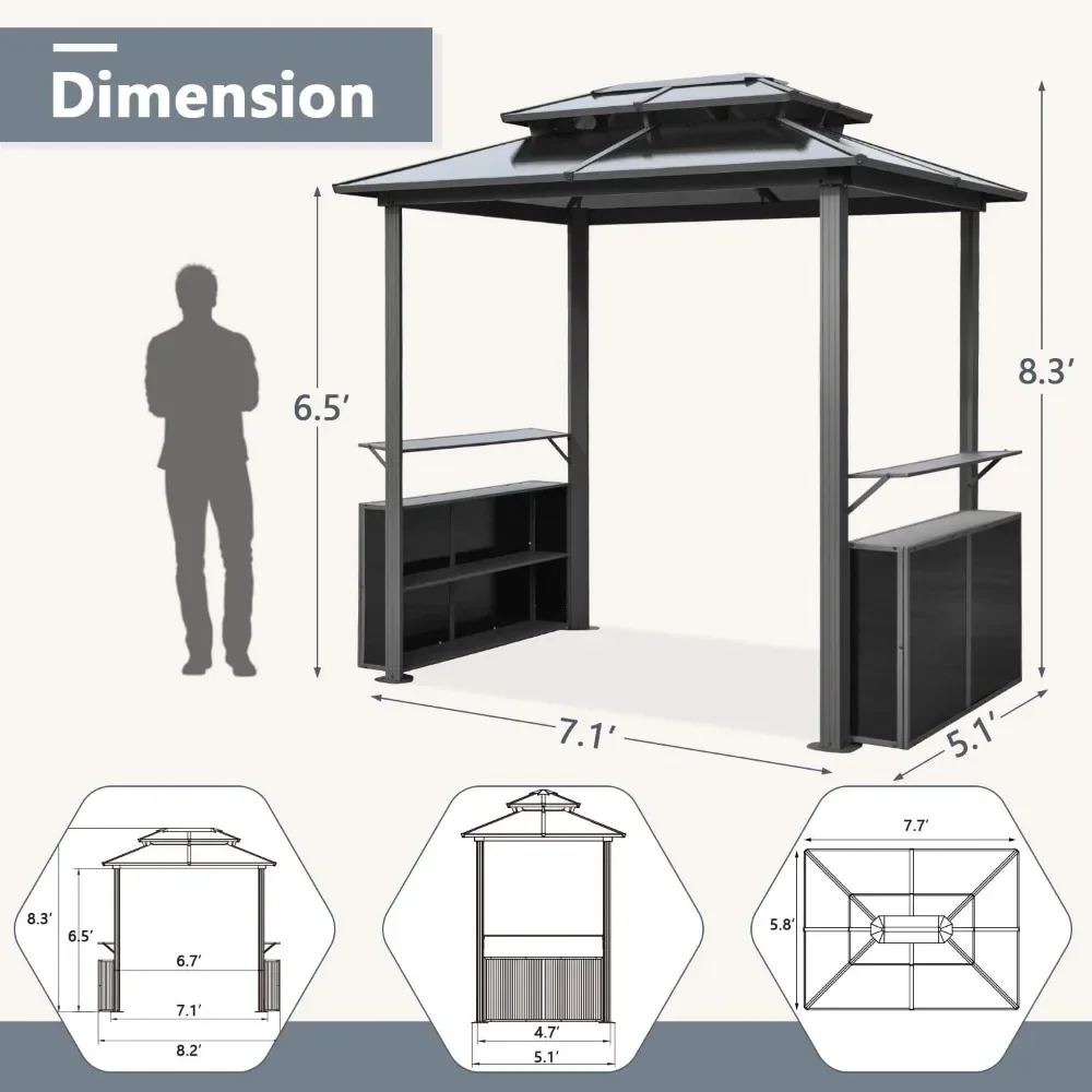 Grill Gazebo 8 x 6 FT, Outdoor Barbecue Gazebo with Double Polycarbonate Panel Roof, BBQ Gazebo with Shelves and Bars for Patio