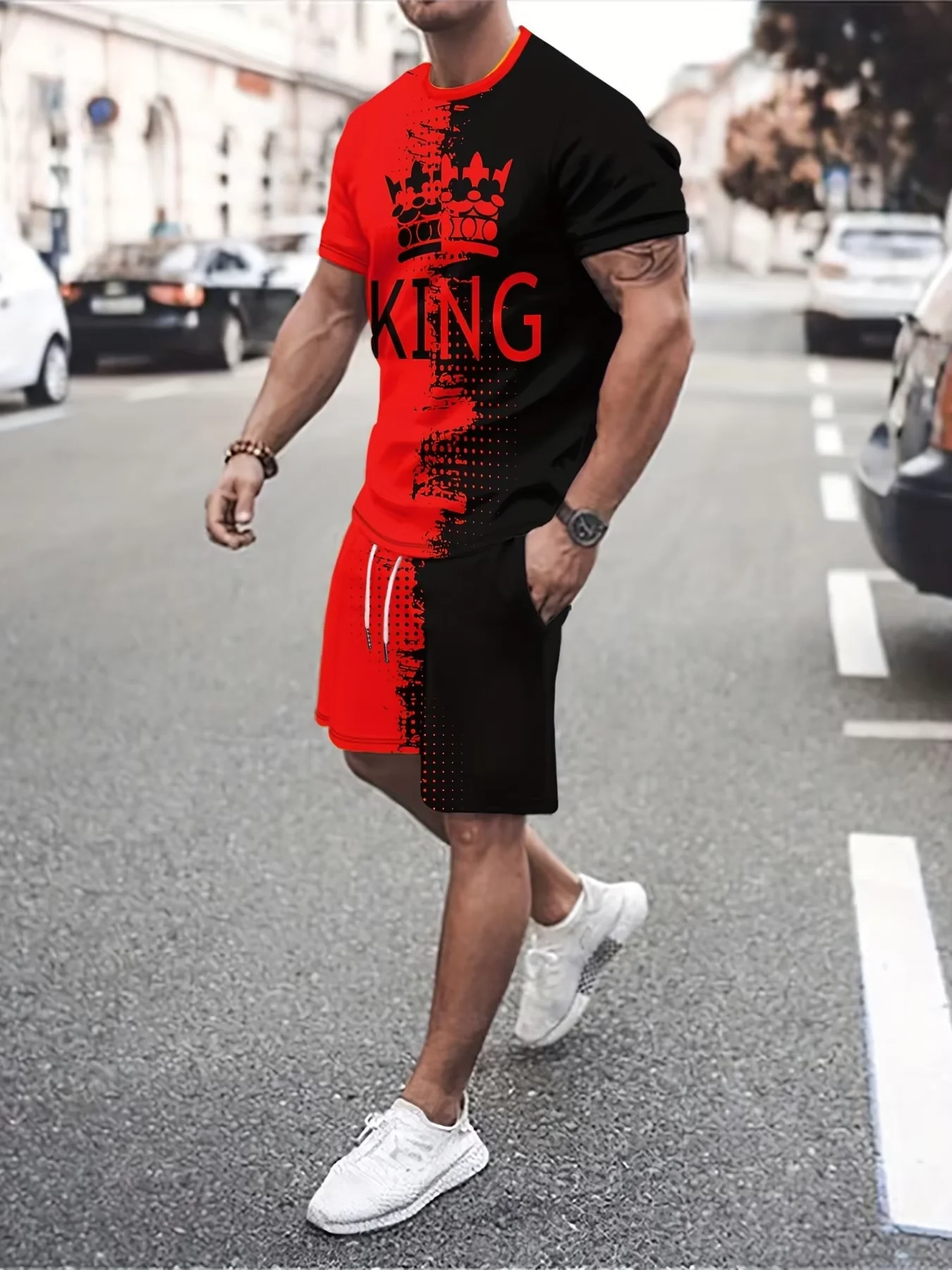 

Men's Crown King 3D Print Short Sleeve T-Shirt & Shorts Set Round Neck Gradient Short Sleeved Women's T-shirt Shorts Set
