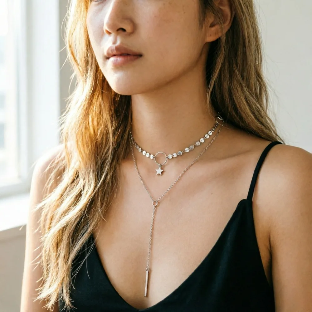 New Fashion Sexy Multilayer Sequins Rhinestone Tasse Crystal Choker Necklace Simple Chain for Women Jewelry Accessories Gifts