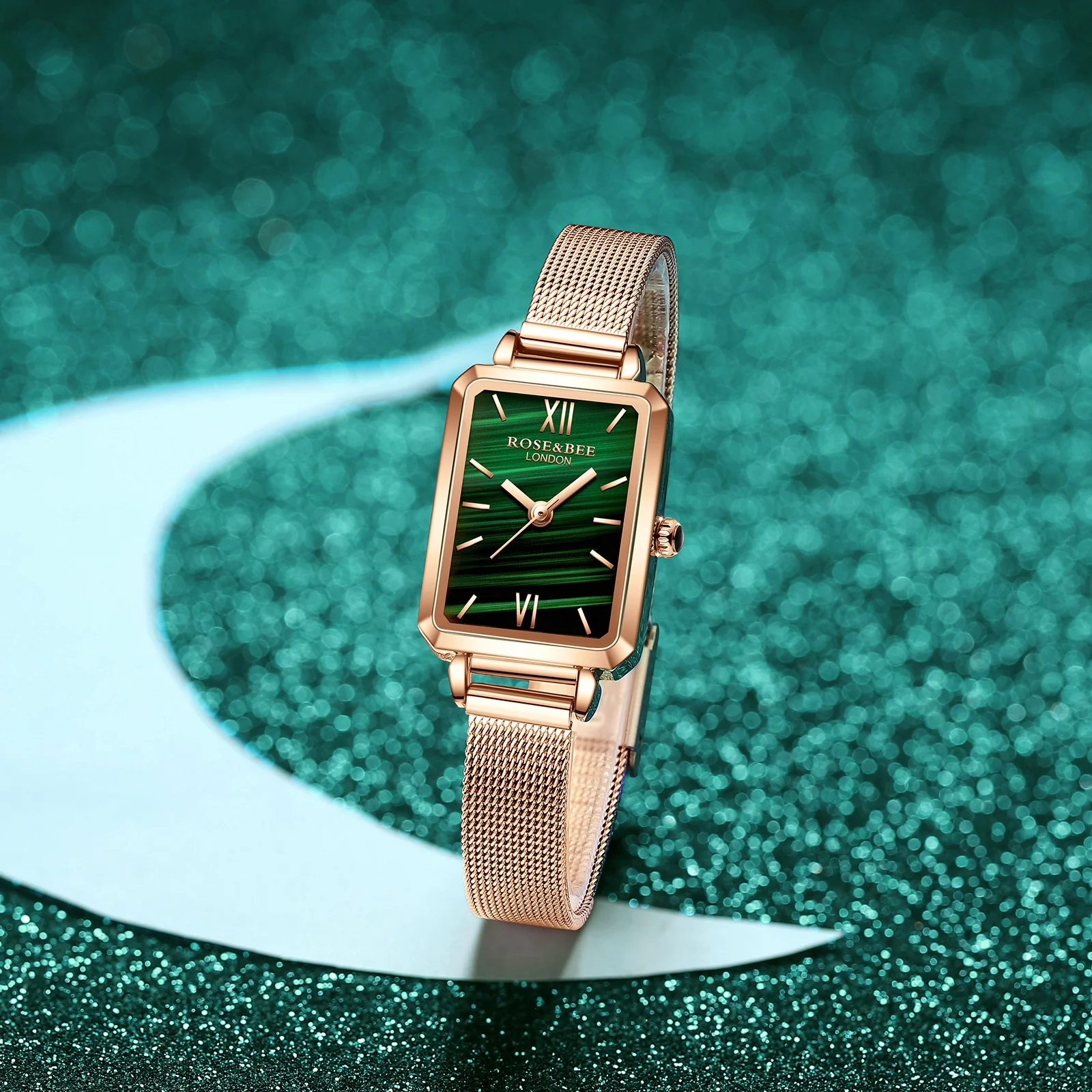 Green Malachite Japan Quartz Movement Roma Vintage Ladies Wristwatches Dropshipping Women Stainless Steel Mesh Rose Gold Watches