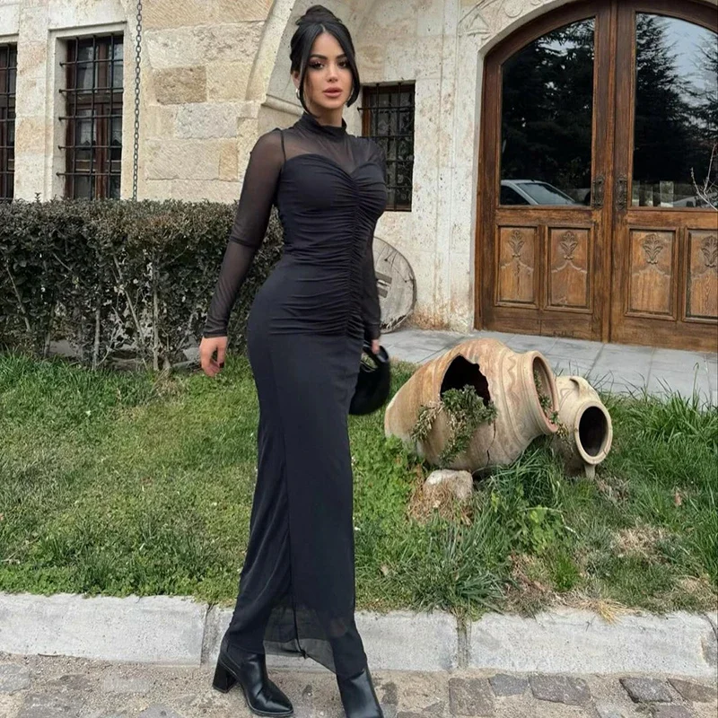 ALTGOTH 2024 Elegante Maxi Vestito Nero Delle Donne Streetwear Moda Sexy Maglia Vedere Attraverso Il Vestito Y2k Maniche Lunghe Elegante Vestito Da