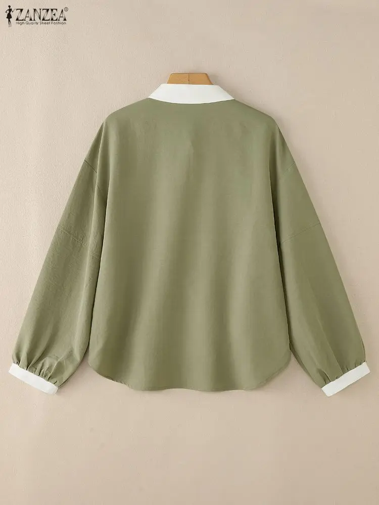 2023 ZANZEA Büro Shirts Frauen Herbst Patchwork Bluse Mode Revers Hals Langarm Tops Casual Tasten Blusas Tunika Oversize